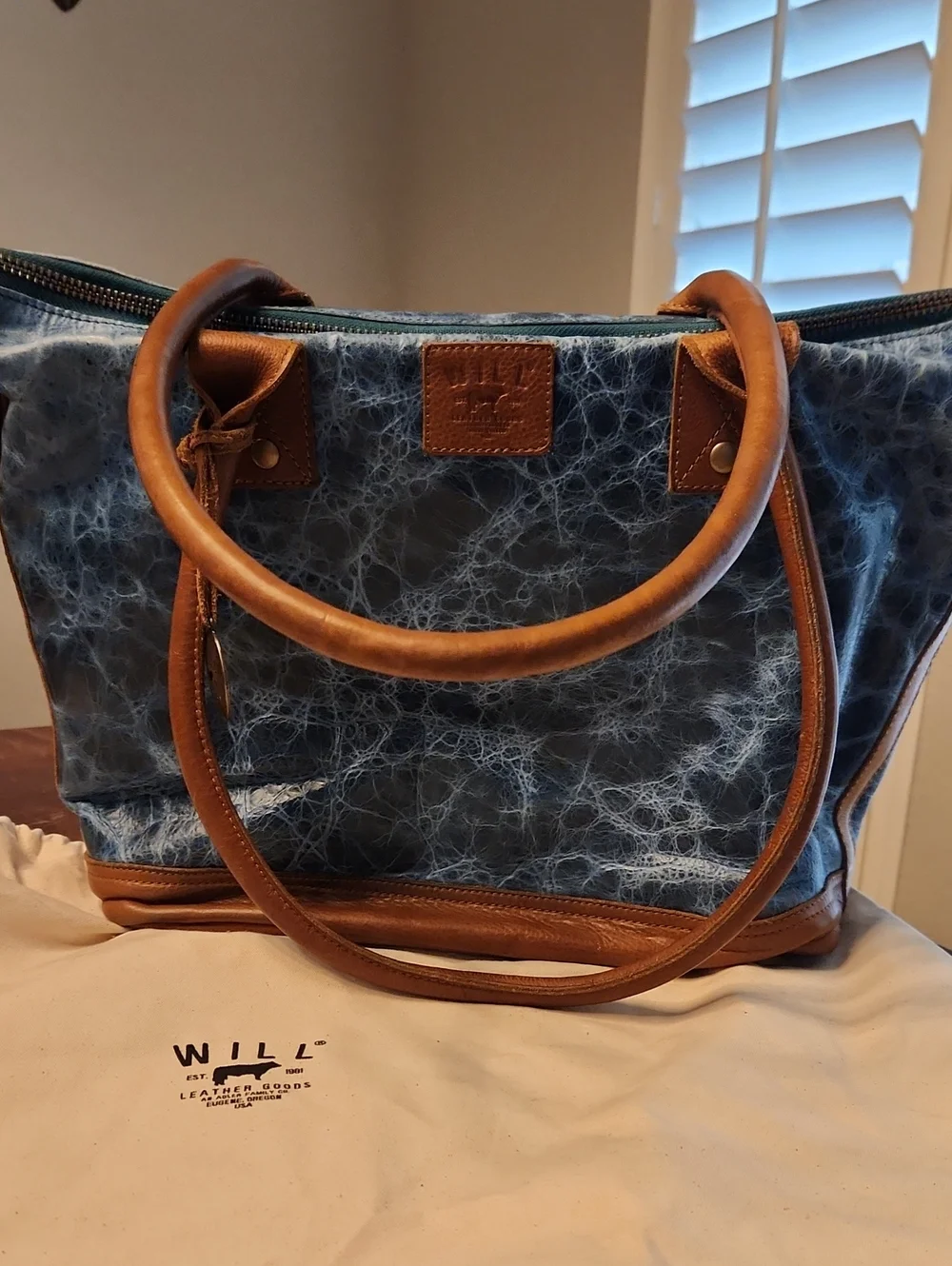 Will Leather Goods Blue Distressed Leather Tote with Brown Trim